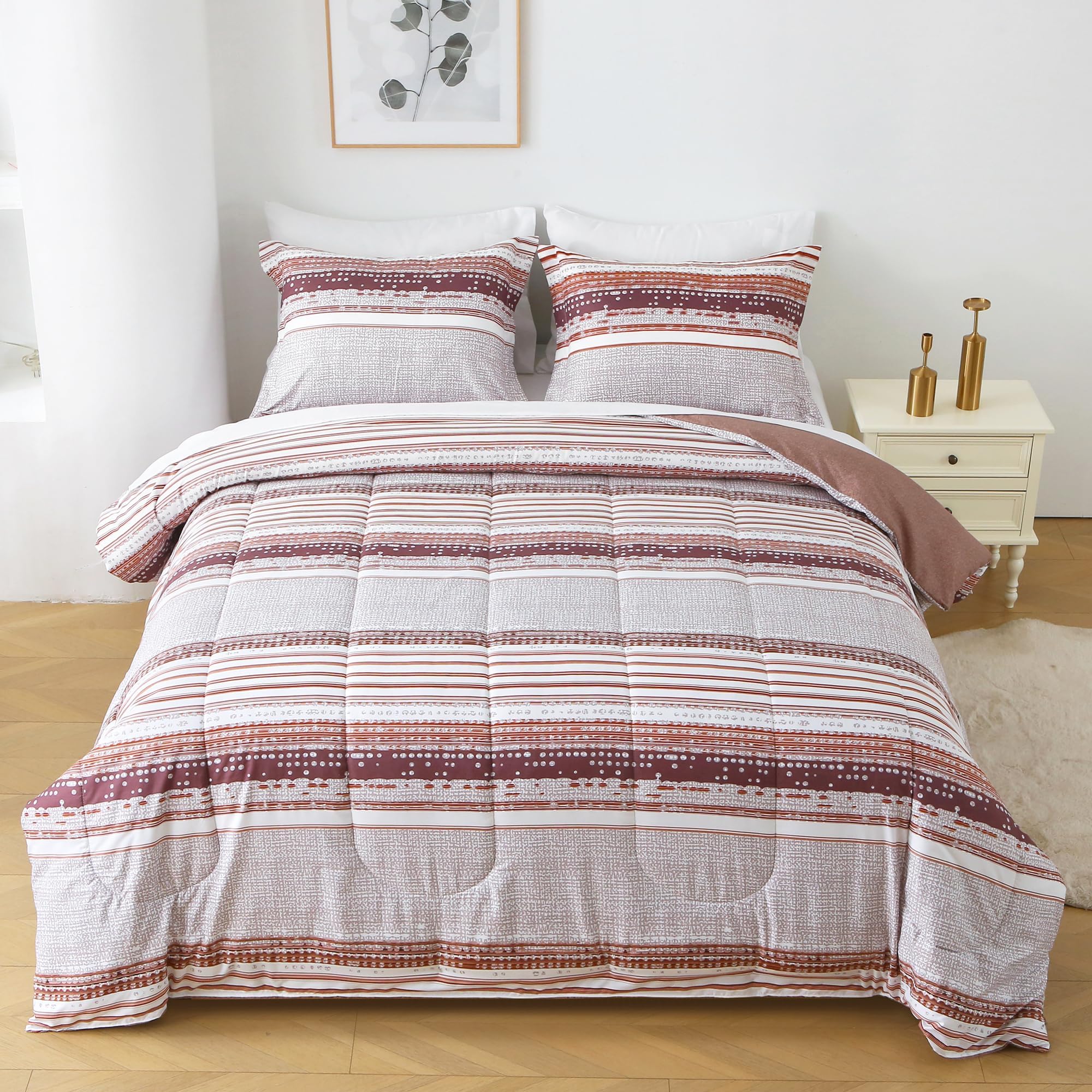 Lasoftan Striped Boho Floral Queen Sheet Set With Comforter, Reversible Colorful Queen Bed In A Bag, 7 Piece Comforter Set Inclu